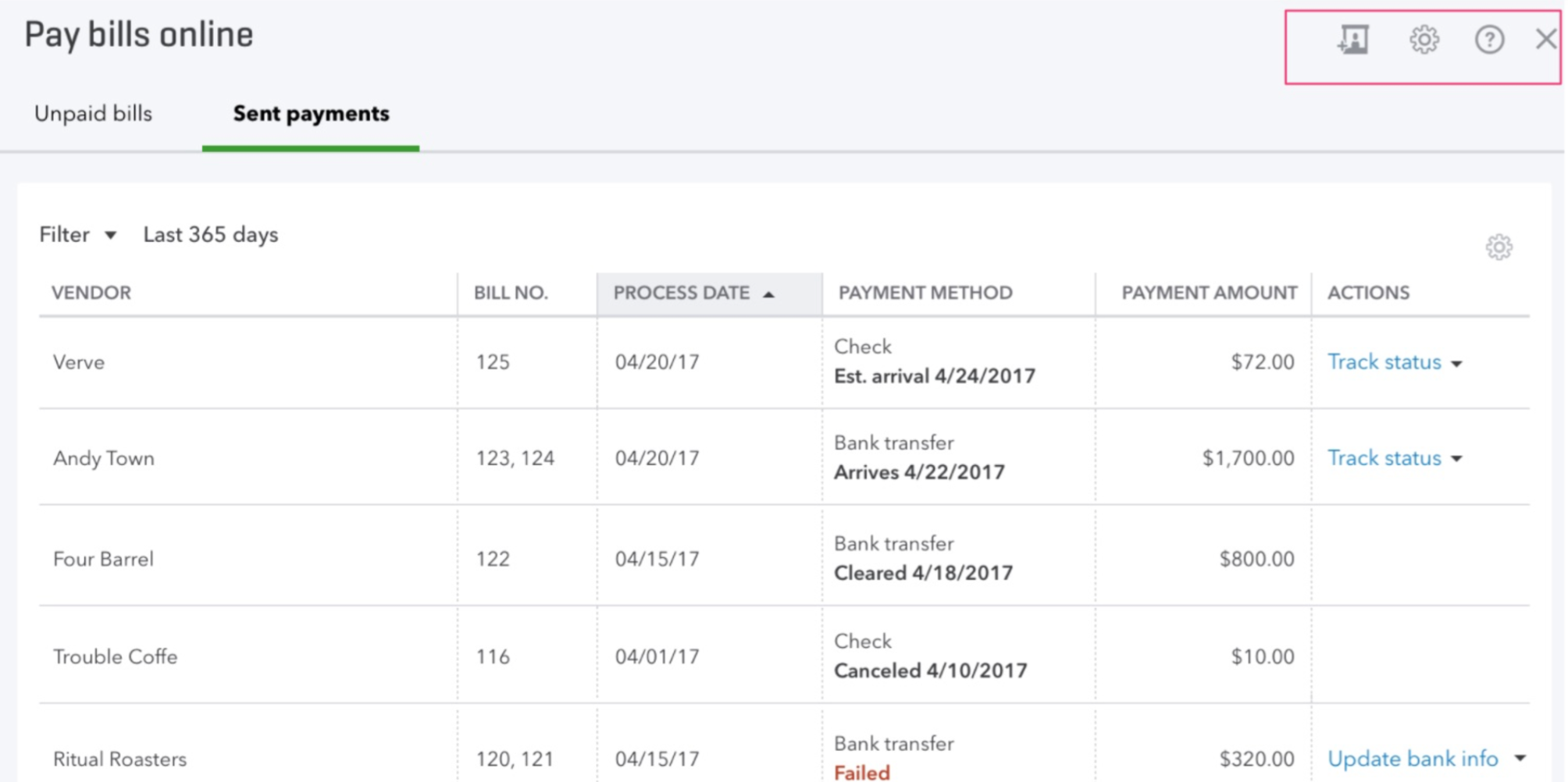 Sent Payments tab in QuickBooks Online Bill Pay