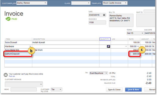 Add upfront deposit as a line item on an invoice in QuickBooks Desktop